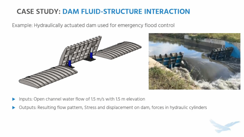 Multi-physics example case study showing fluid-structure interactions in a model of a dam.