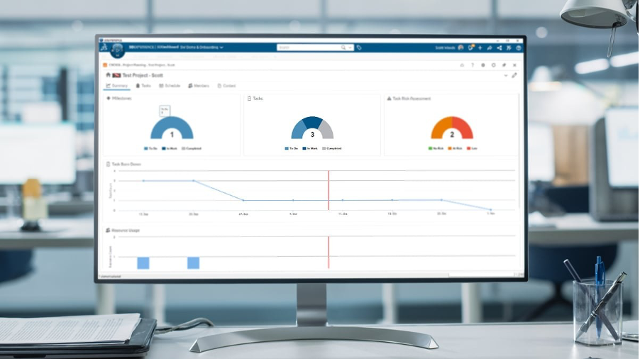 3DEXPERIENCE project dashboard on a monitor showing milestone, task, and risk gauges with a burndown chart
