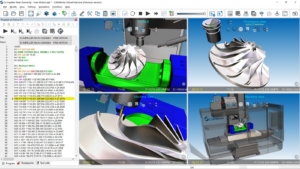 CAMWorks Virtual Machine simulating 5-axis machining of an impeller with toolpaths and G-code