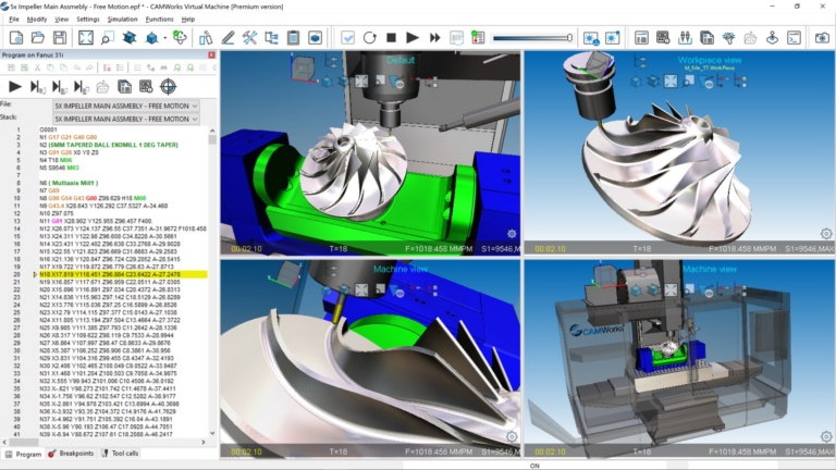 CAMWorks Virtual Machine simulating 5-axis machining of an impeller with toolpaths and G-code