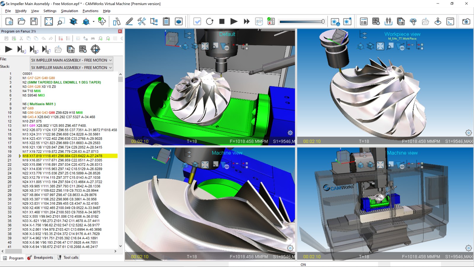 CAMWorks Virtual Machine simulating 5-axis machining of an impeller, with Fanuc G-code highlighted and multi-viewport toolpath views