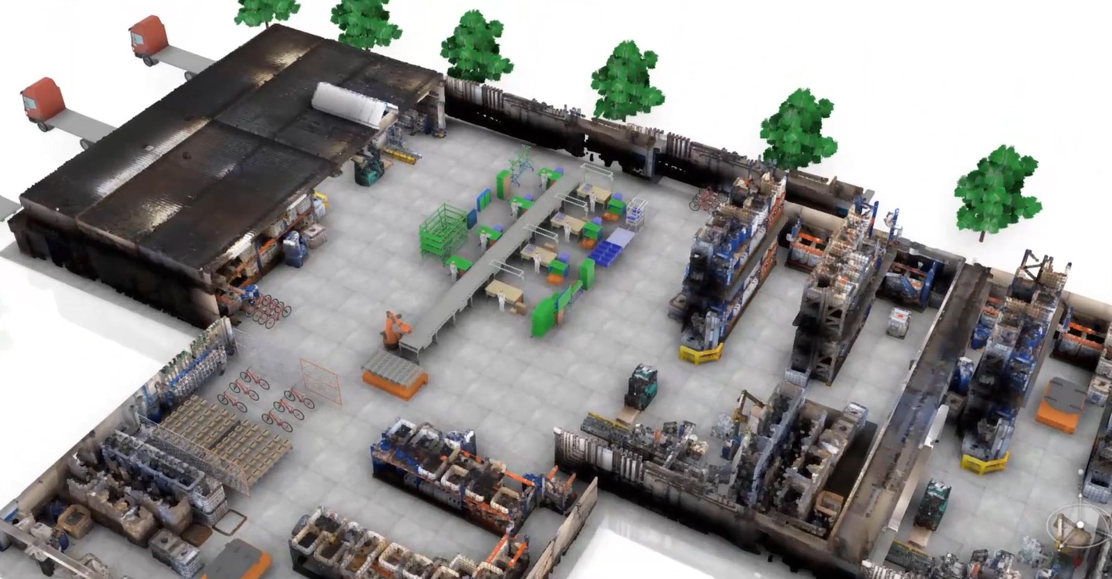 Aerial digital twin of a manufacturing plant layout in DELMIA on the 3DEXPERIENCE platform, with conveyor lines, storage racks, and AGVs and no people visible