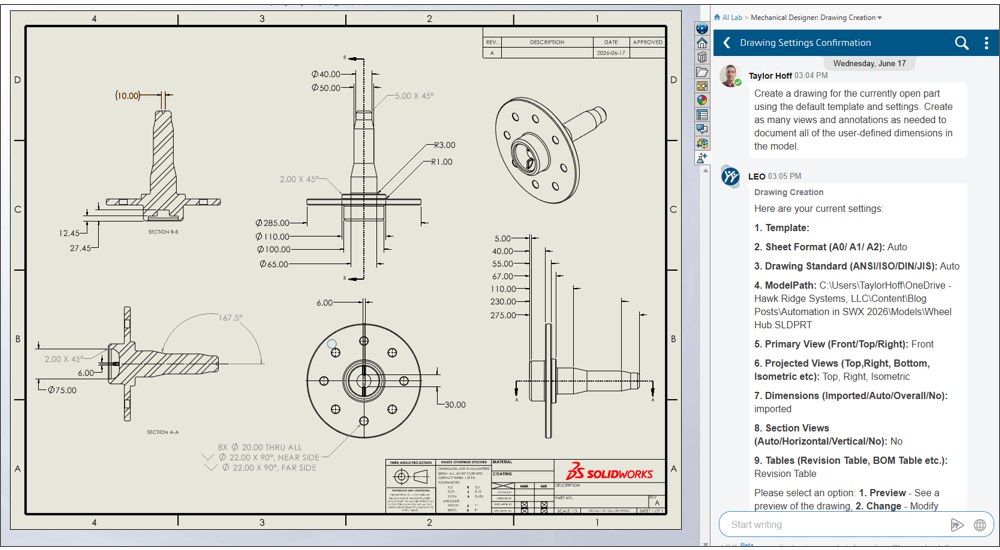 SOLIDWORKS LEO AI assistant panel generating a fully dimensioned manufacturing drawing of a shaft flange