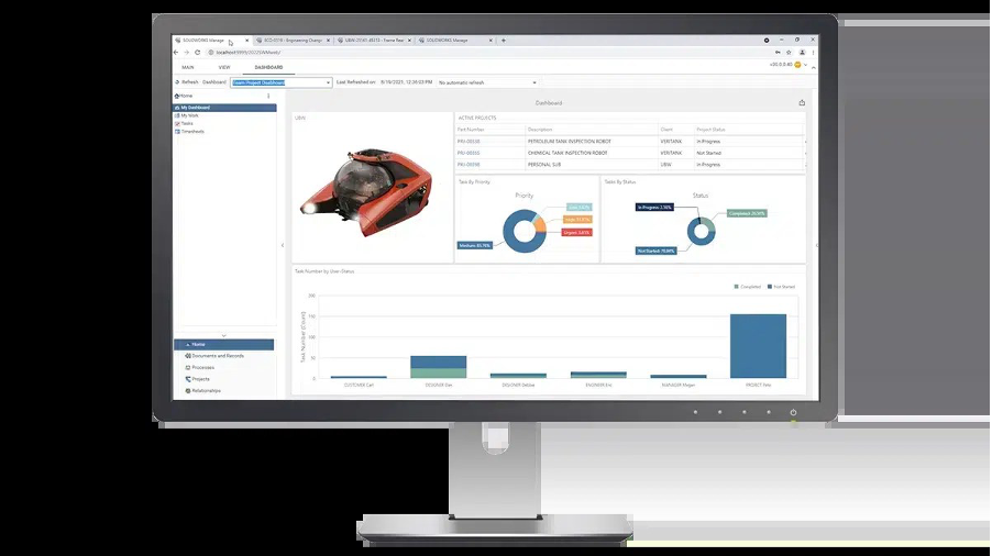 SOLIDWORKS Manage dashboard listing active projects with task priority and status charts beside a 3D model