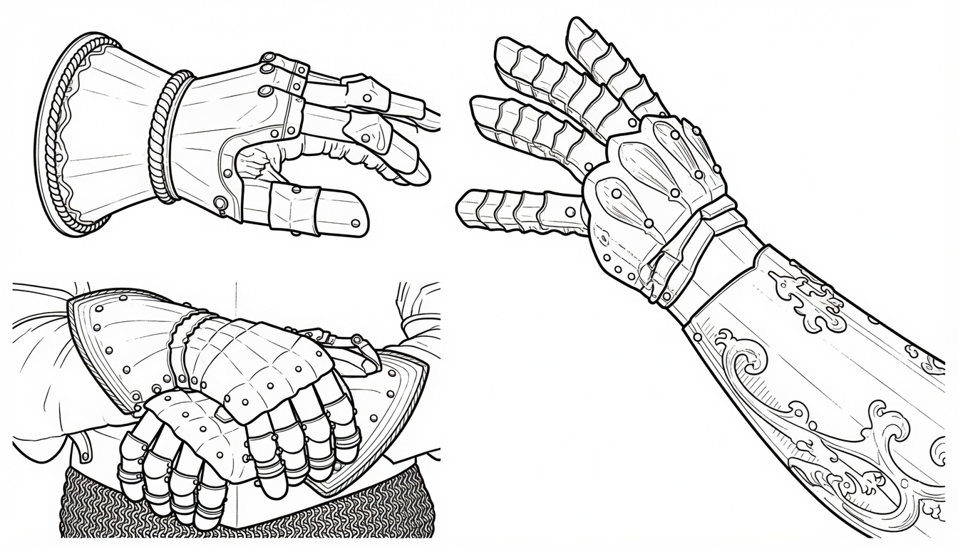 SOLIDWORKS line drawings of the articulated gauntlet and arm-armor components.
