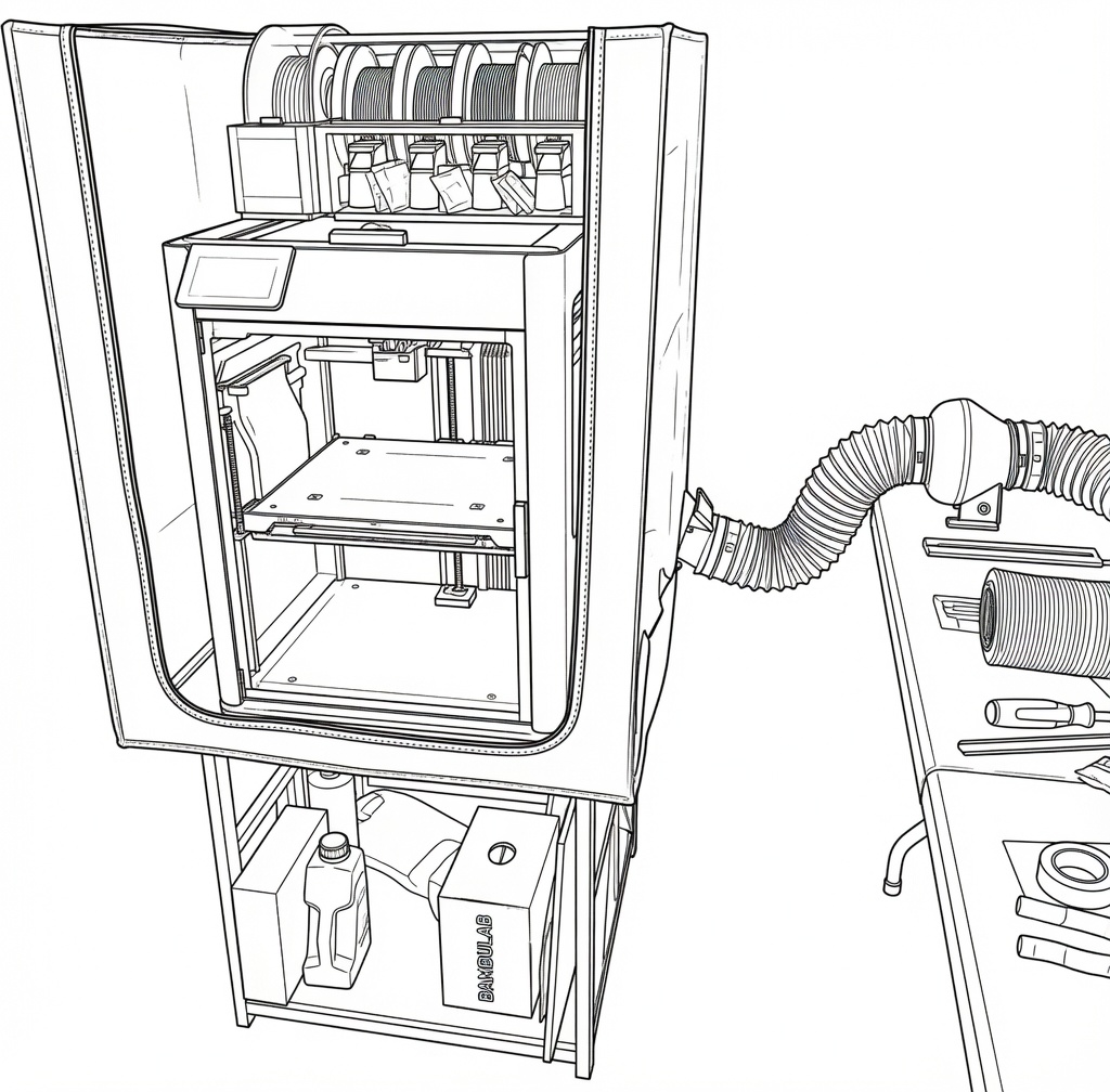 SOLIDWORKS line drawing of the enclosed Bambu Lab H2D 3D printer used to print the Fellowship arsenal.