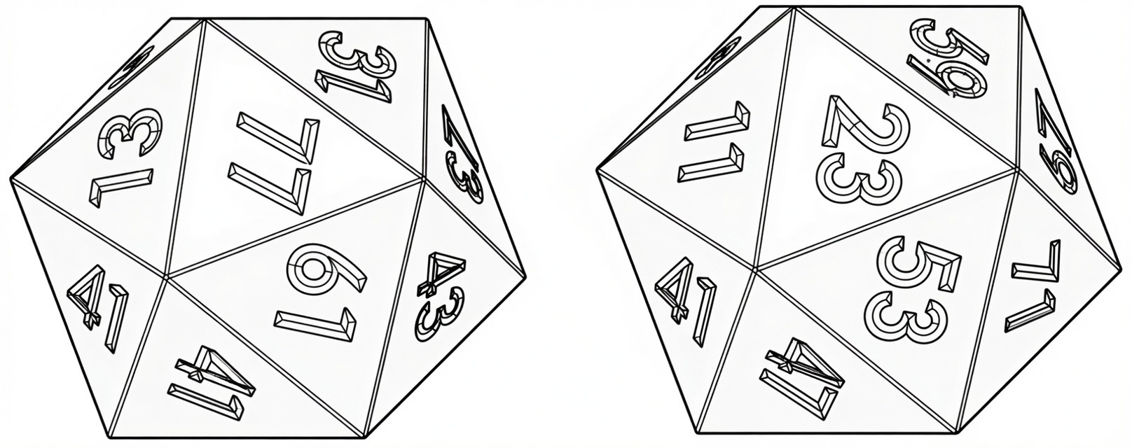 SOLIDWORKS wireframe models of two D20 dice showing the numbered icosahedral faces.