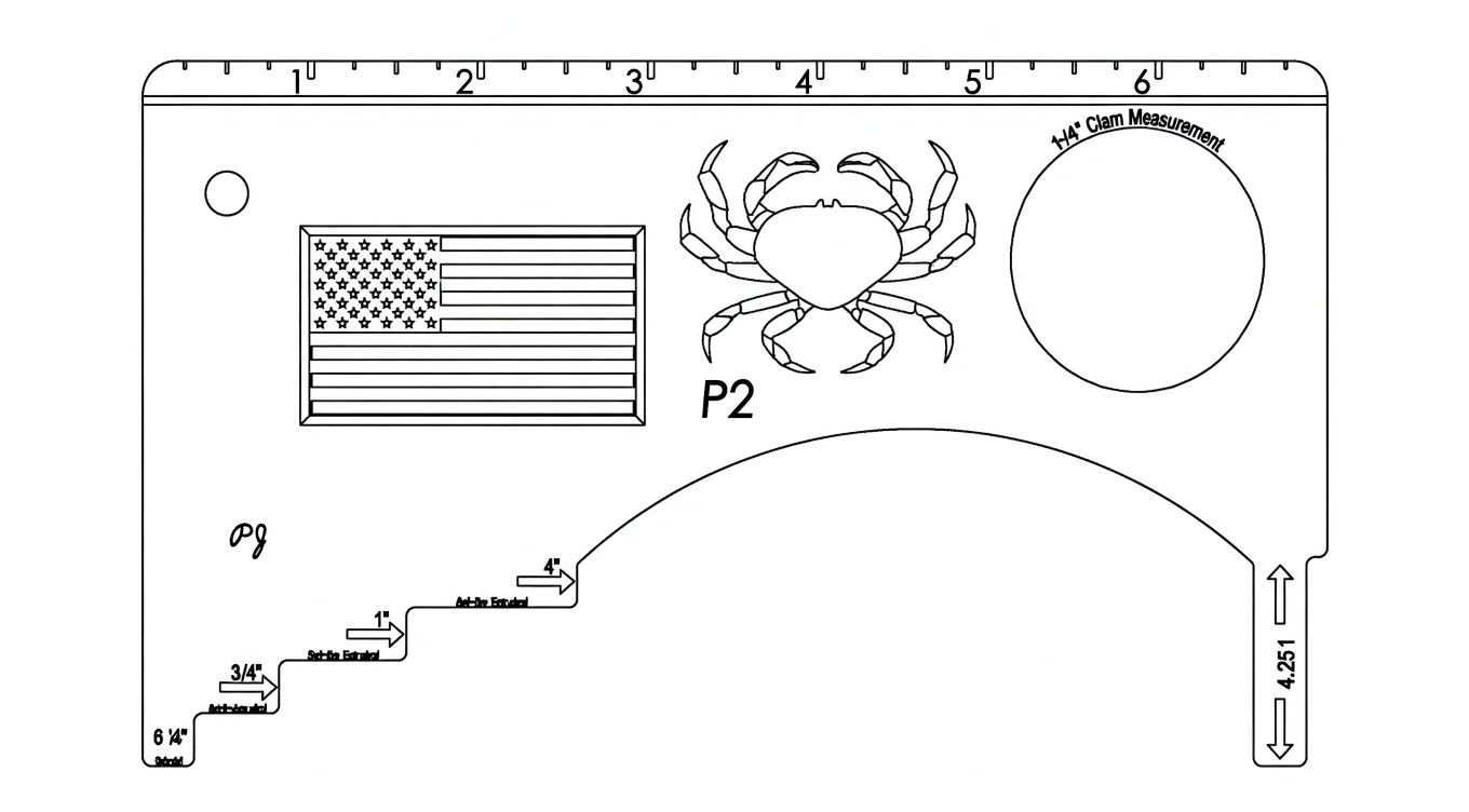 SOLIDWORKS drawing of the custom crab gauge, showing size cutouts, a US flag, and a crab graphic.