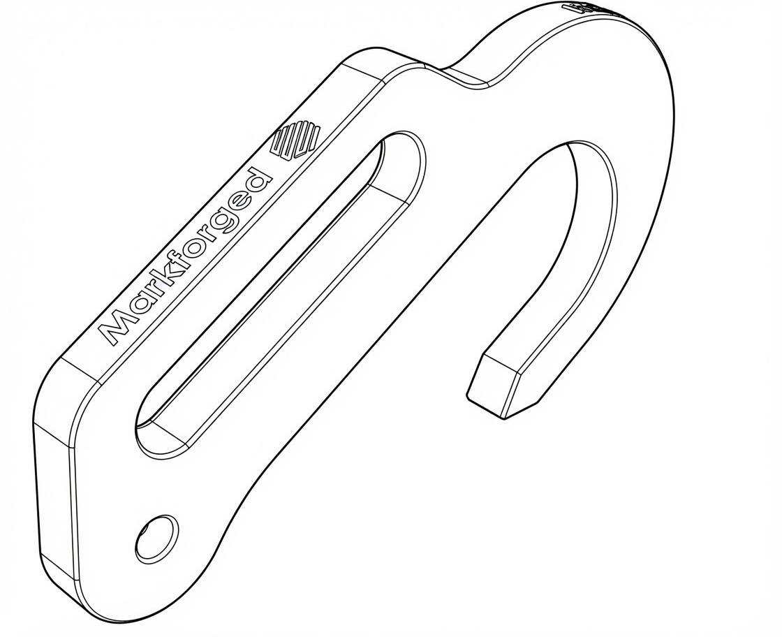 SOLIDWORKS line drawing of the carbon-fiber lightning hook, branded Markforged.