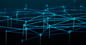 Cyan three-dimensional node lattice on a navy background, suggesting a connected platform