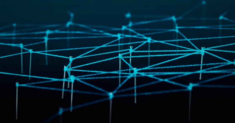 Cyan three-dimensional node lattice on a navy background, suggesting a connected platform