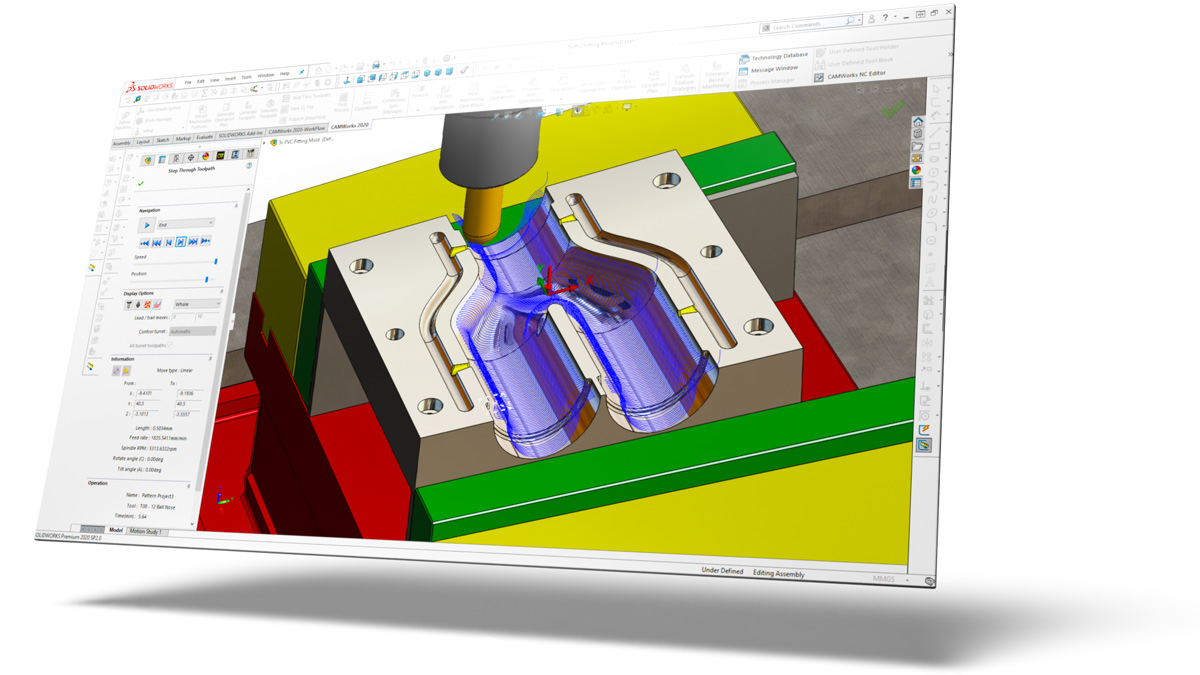 The toolpath of a component is being defined in SOLIDWORKS CAM