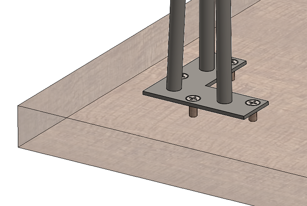 Figure 17: Transparency turned on for clarity. The screws are added, as well as an extruded cut in the tabletop. 