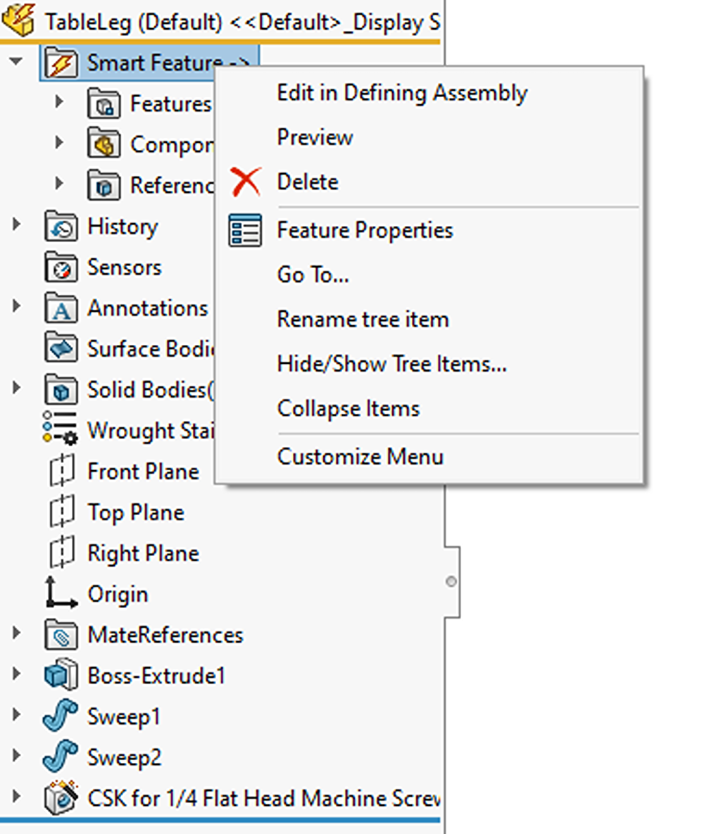 Figure 19: Right-click Smart Feature folder>Edit in Defining Assembly 
