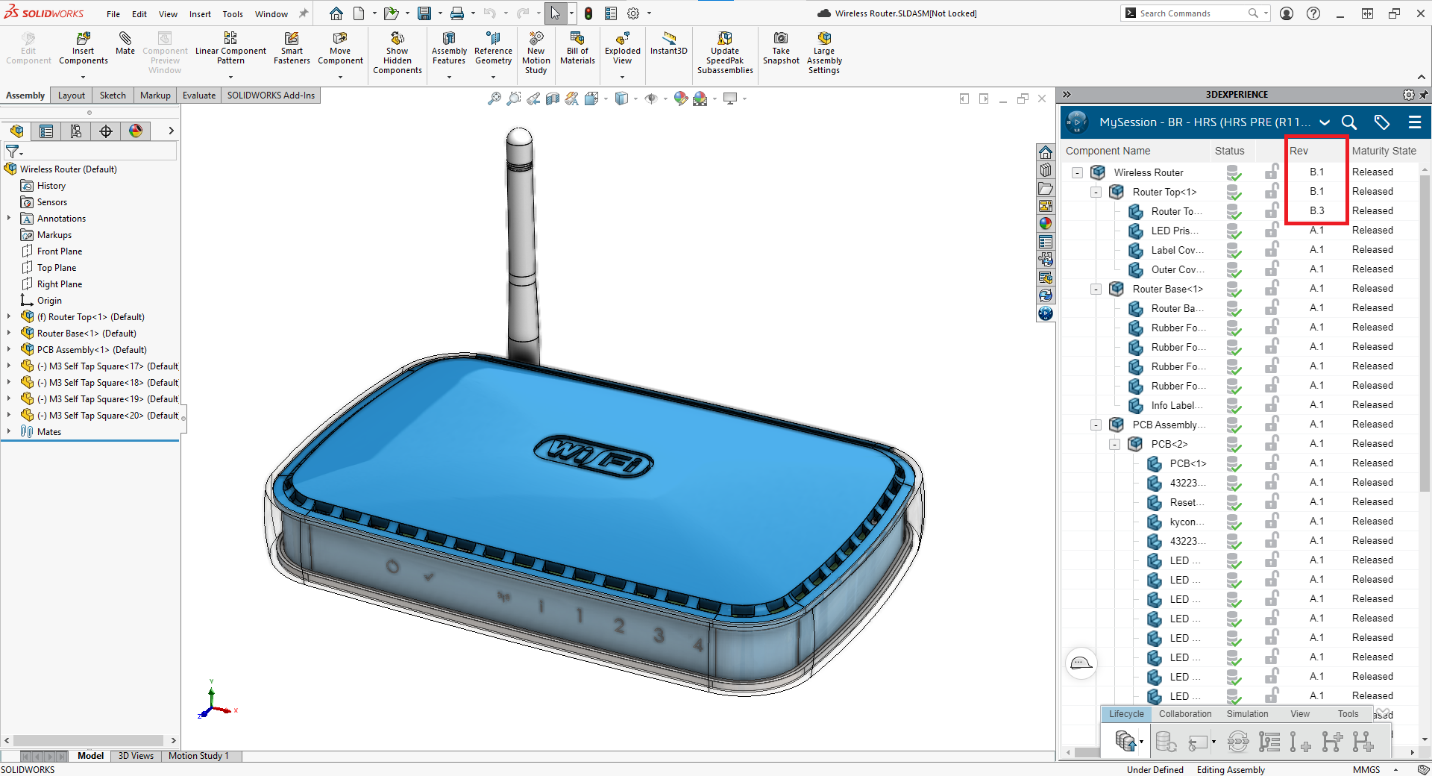 revising an assembly file using 3DEXPERIENCE data management and SOLIDWORKS