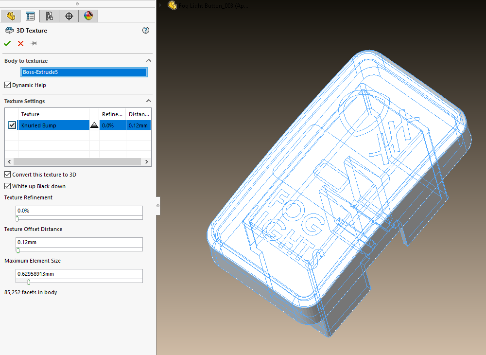Select the body you want to add texture to in SOLIDWORKS