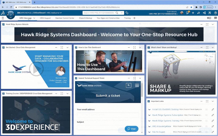 3DEXPERIENCE SOLIDWORKS Hawk Ridge Systems dashboard support links 