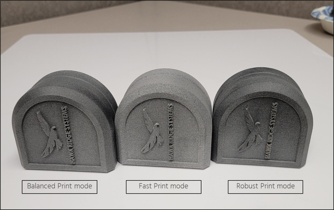 3D printed parts created with each production print mode available.