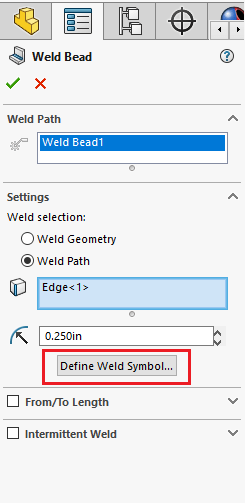 The Define Weld Symbol option under Weld Bead SOLIDWORKS menu.