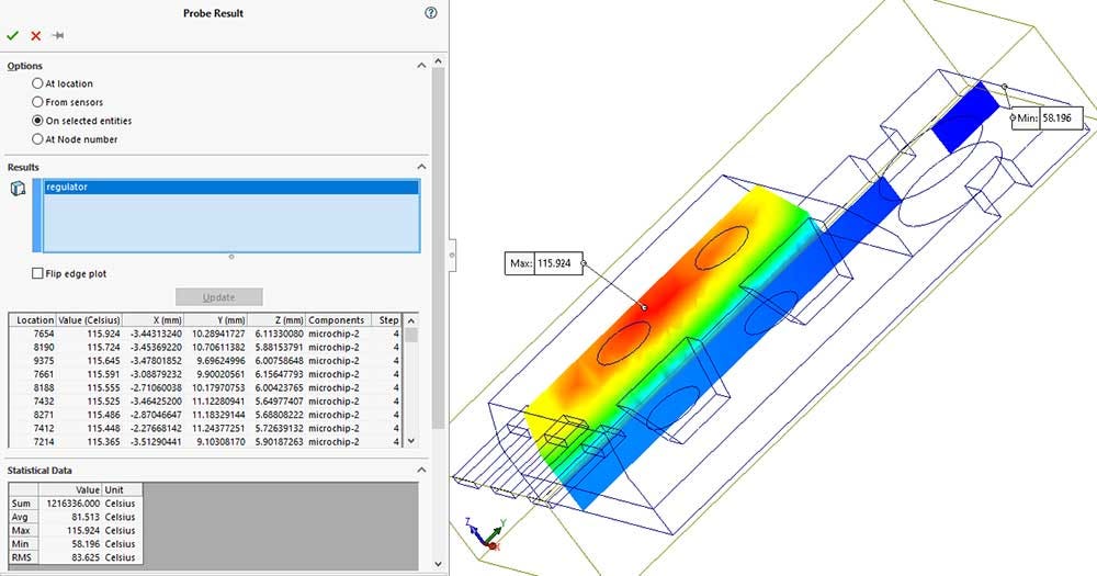 Probe results of the entire assembly on the maximum temperature in SOLIDWORKS Simulation