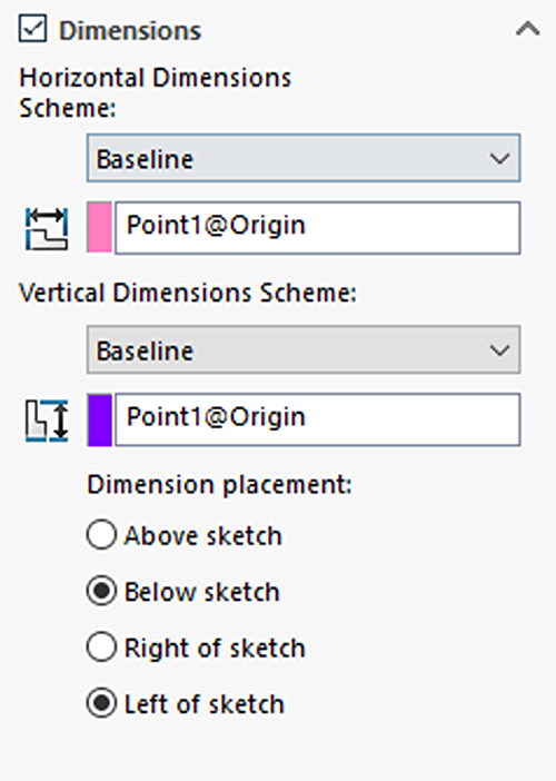 Dimensions panel in SOLIDWORKS