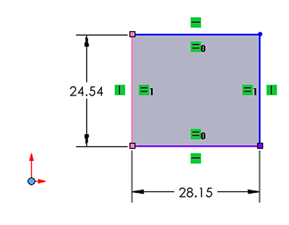 Sketch with datum set to the lower left corner and sketch under-defined in SOLIDWORKS