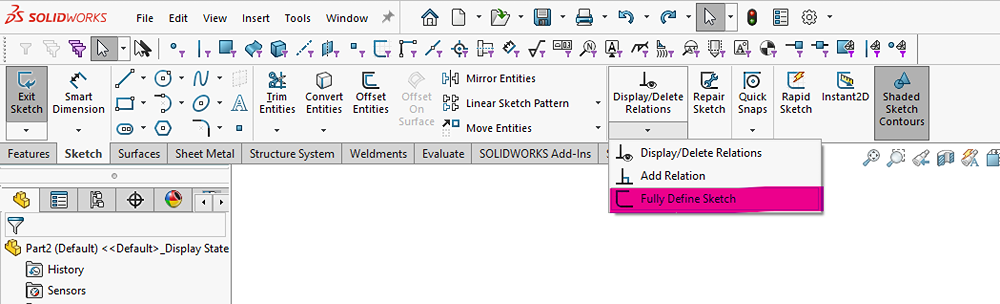 How to access the fully define sketch command in SOLIDWORKS 