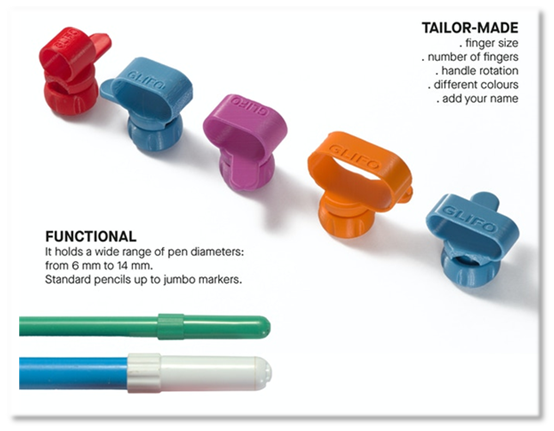  A set of colorful 3D-printed Glifo writing aids, highlighting functions and custom features. 