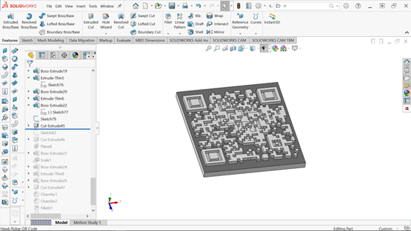 Final model in SOLIDWORKS for a 3D printed QR code