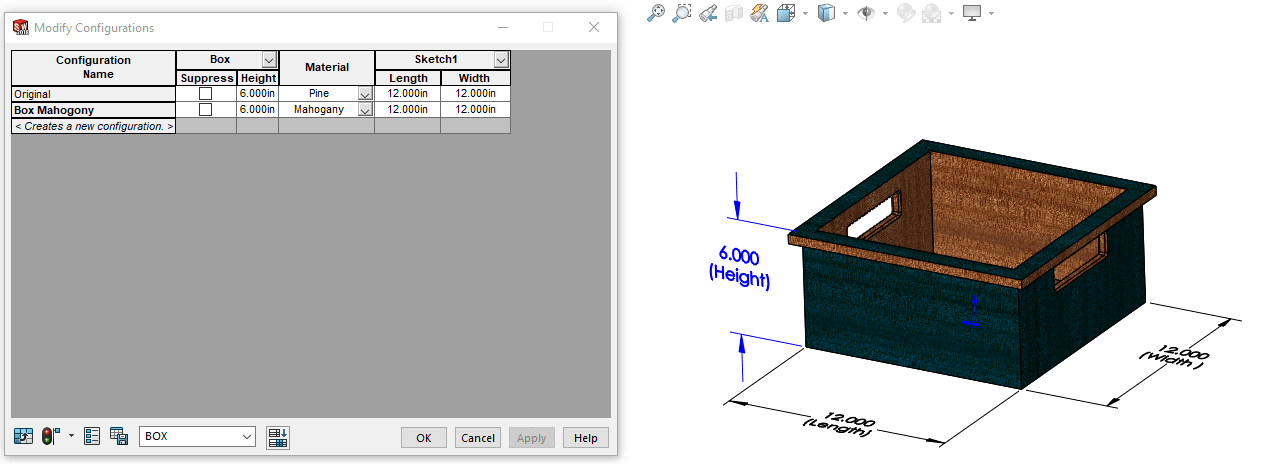 SOLIDWORKS Configuration Modified Table