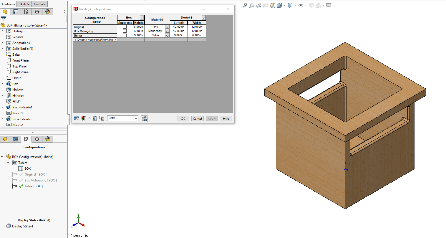 SOLIDWORKS Configurations Table - Box