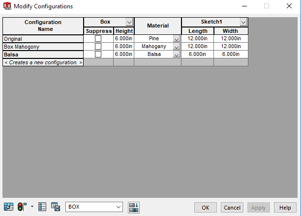 SOLIDWORKS Modify Configurations Table