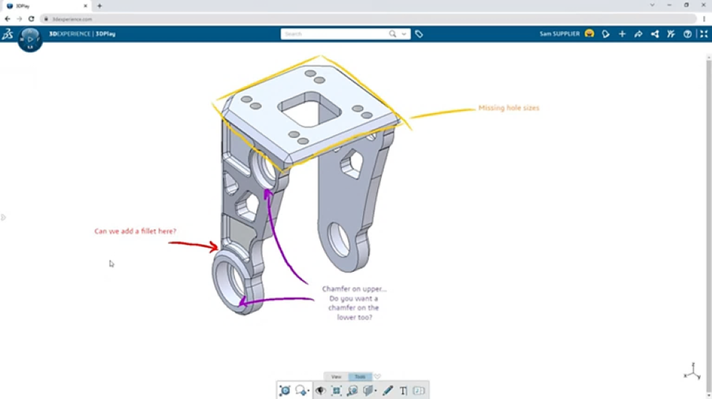 How the design sharing and markup features work on a sample part using the cloud feature that’s included with a SOLIDWORKS subscription. 