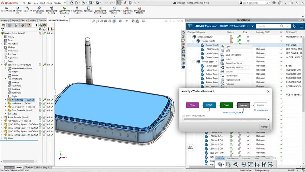 Status updates for a wireless router product using the cloud capabilities for product lifecycle management with a SOLIDWORKS subscription.