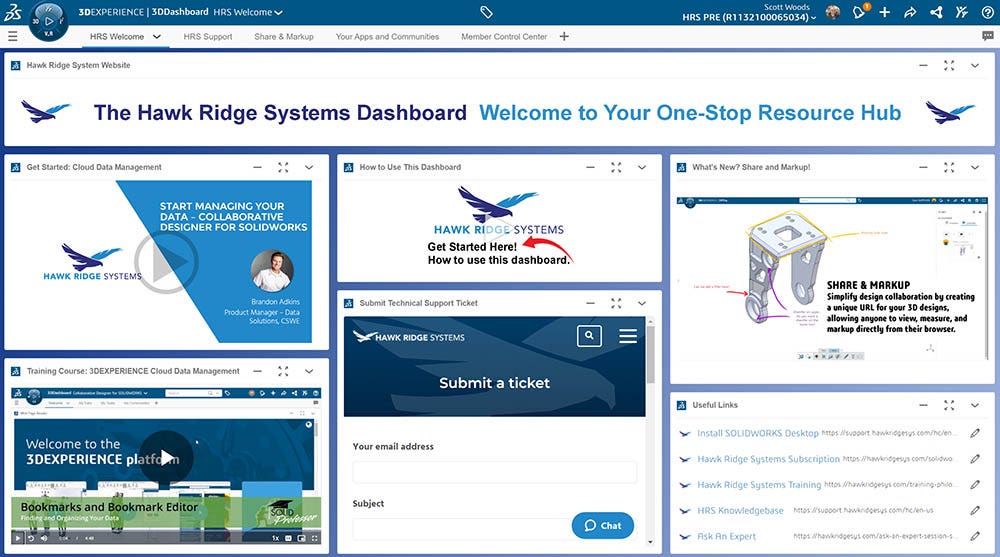 The Hawk Ridge Systems dashboard for customers to access their resources. 
