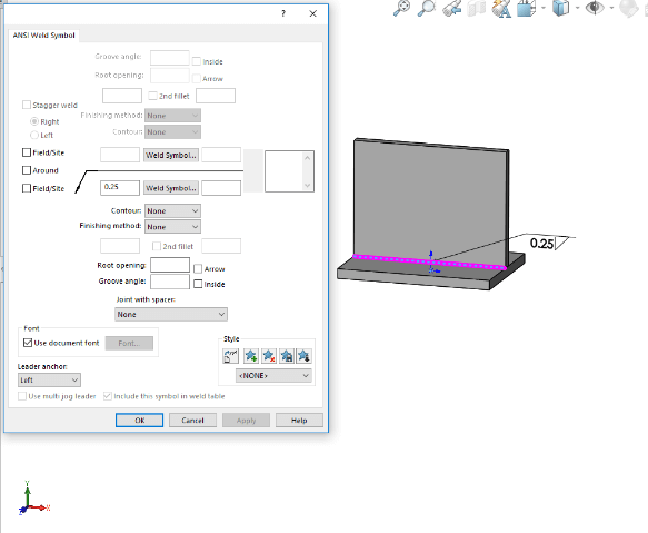 The Weld Symbol Dialogue Box in SOLIDWORKS.