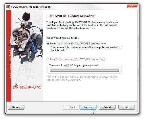 SOLIDWORKS Product Activation menu to allow activation