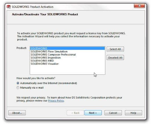 SOLIDWORKS Product Activation menu with SOLIDWORKS product choices