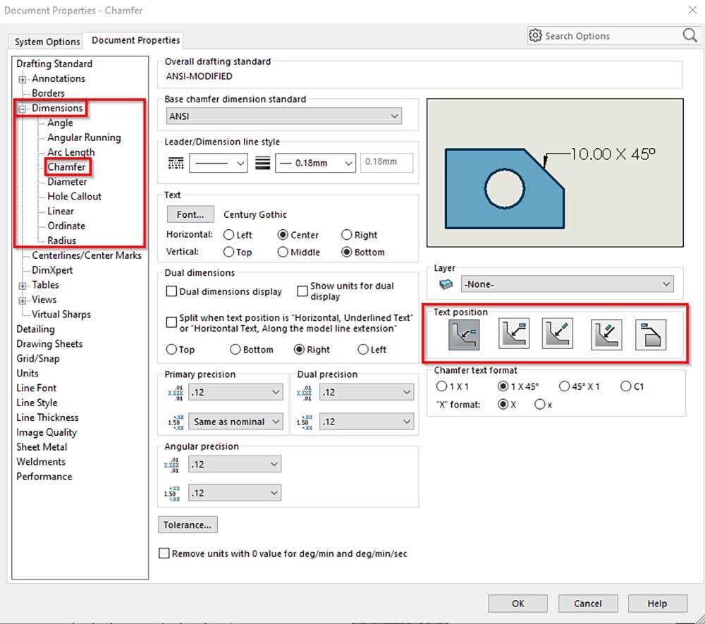 Dimensions and document properties in SOLIDWORKS drawings