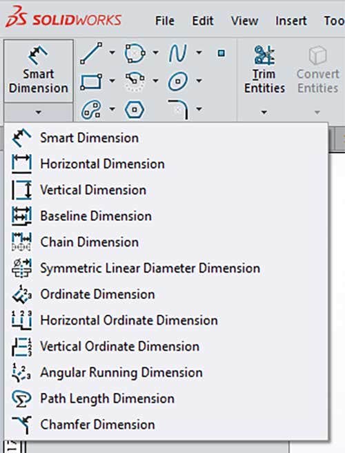 Smart dimension dropdown in SOLIDWORKS for drawings