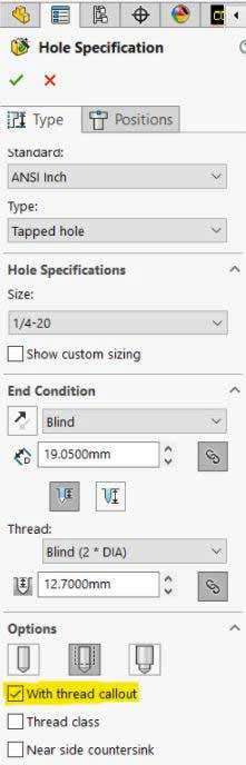 Hole specification with SOLIDWORKS Hole Wizard