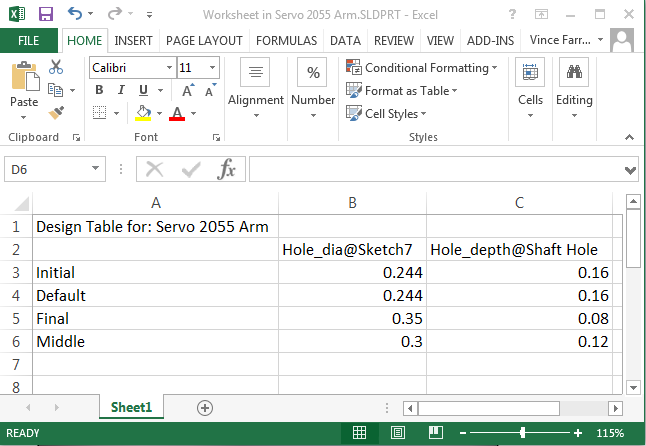 The working Excel sheet generated from the Edit Table option for Design Tables in SOLIDWORKS.