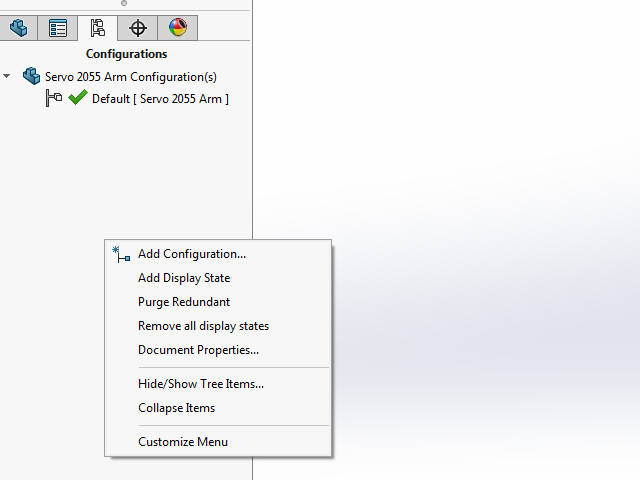 The Configuration manager menu in SOLIDWORKS