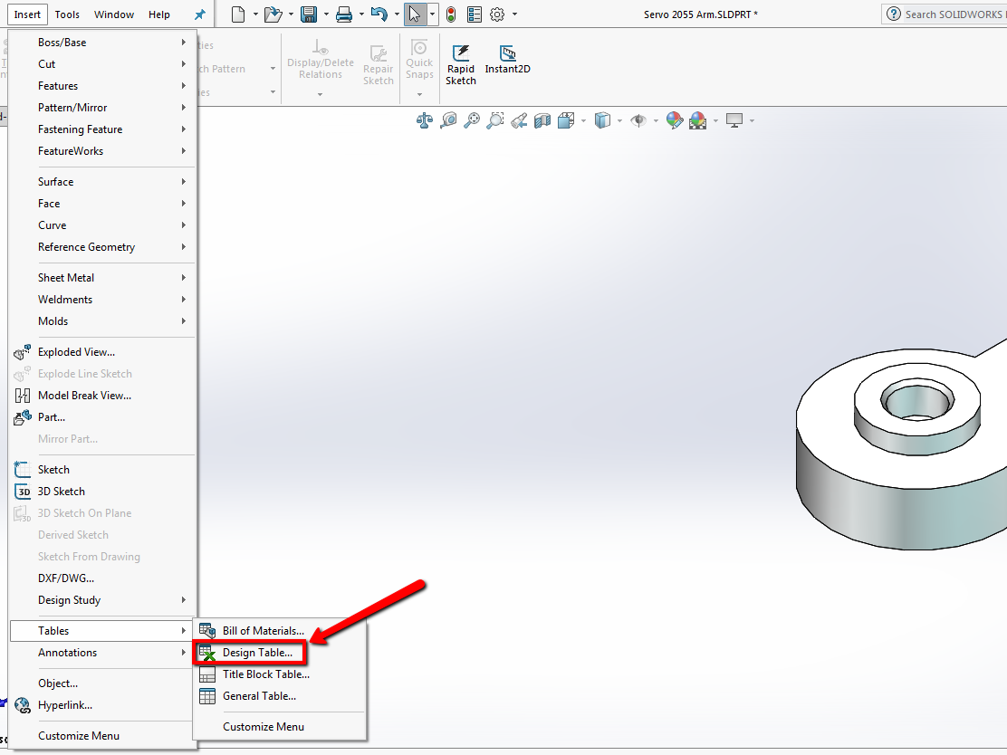 The Insert menu tree in SOLIDWORKS where Tables and Design Tables are found.