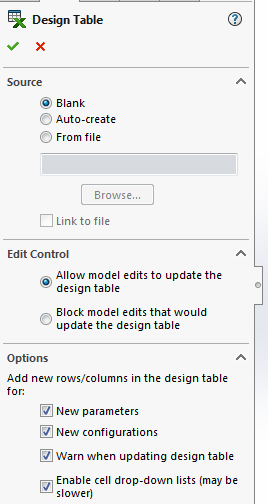 The Design Table dialog menu with source, edit control, and other options.