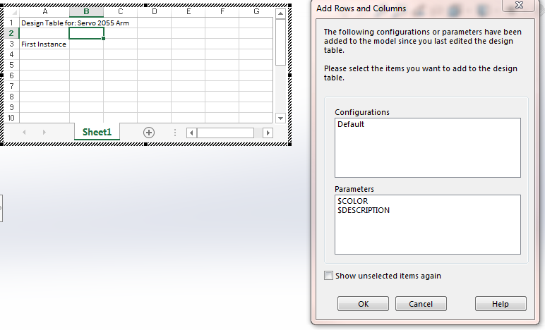 A dialog box for Add Rows and Columns to the design tables in SOLIDWORKS with configuration and parameter options.