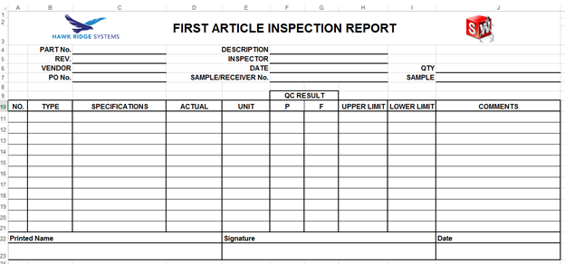 First article inspection report
