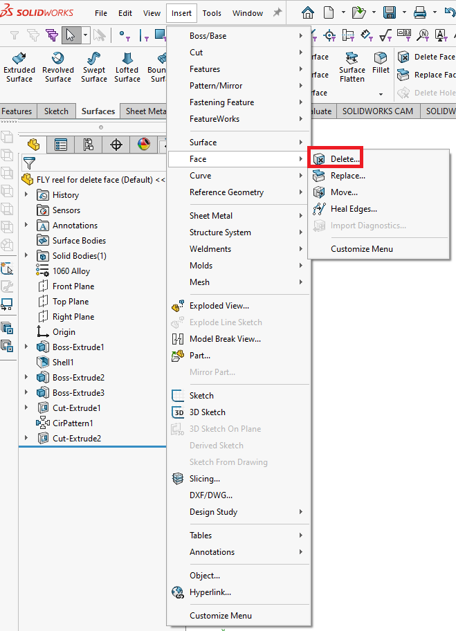 Delete face command in the SOLIDWORKS menu options