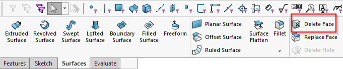 Delete face command from SOLIDWORKS command manager