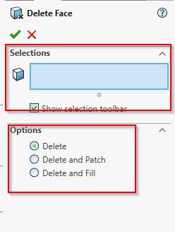 Delete face options in SOLIDWORKS